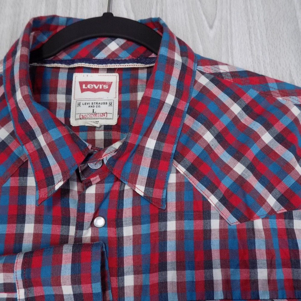Levi's Modern Western Shirt Mens Large Red White Blue Plaid Pearl Snap EUC